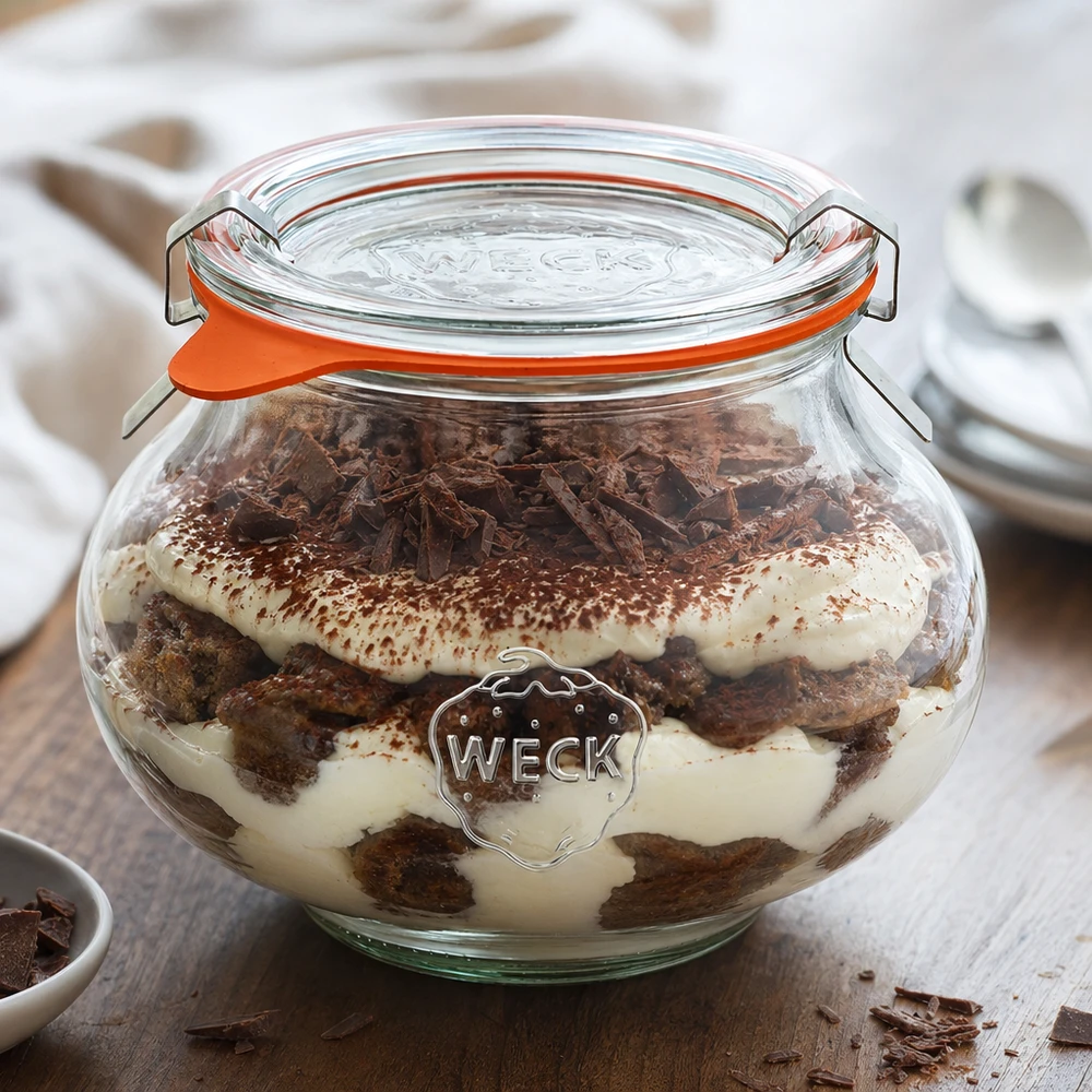 WECK inmaakpot 560ml gevuld met tiramisu dessert, demonstratie van praktisch gebruik als voorraadpot