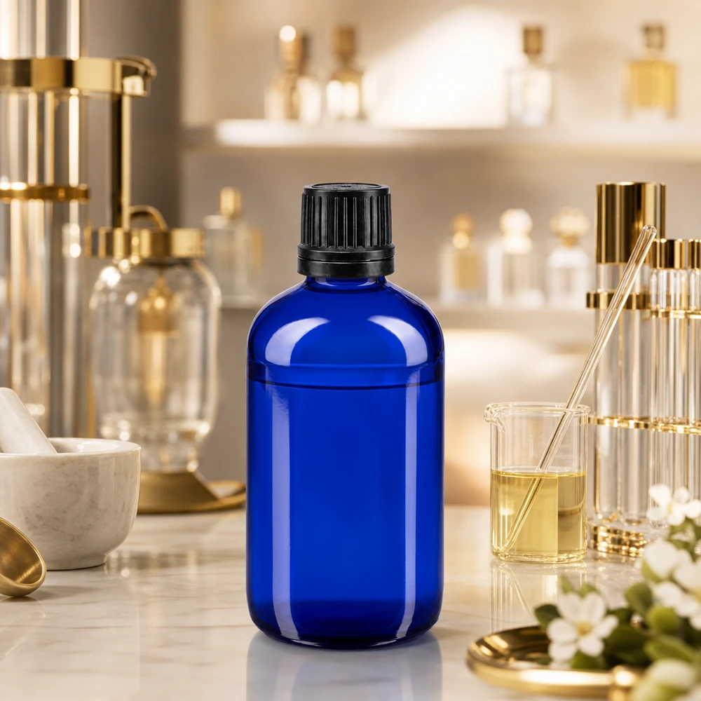 Blauwe laboratoriumfles van 100 ml, glas, in originele verpakking (zwart), naast een bekerglas en een pipet