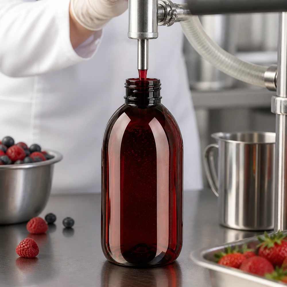PET fles 250ml met witte standaard verzegelstop Doorzichtige bruine PET-fles van 250 ml met OV voor frambozen- en bosbessenproducten