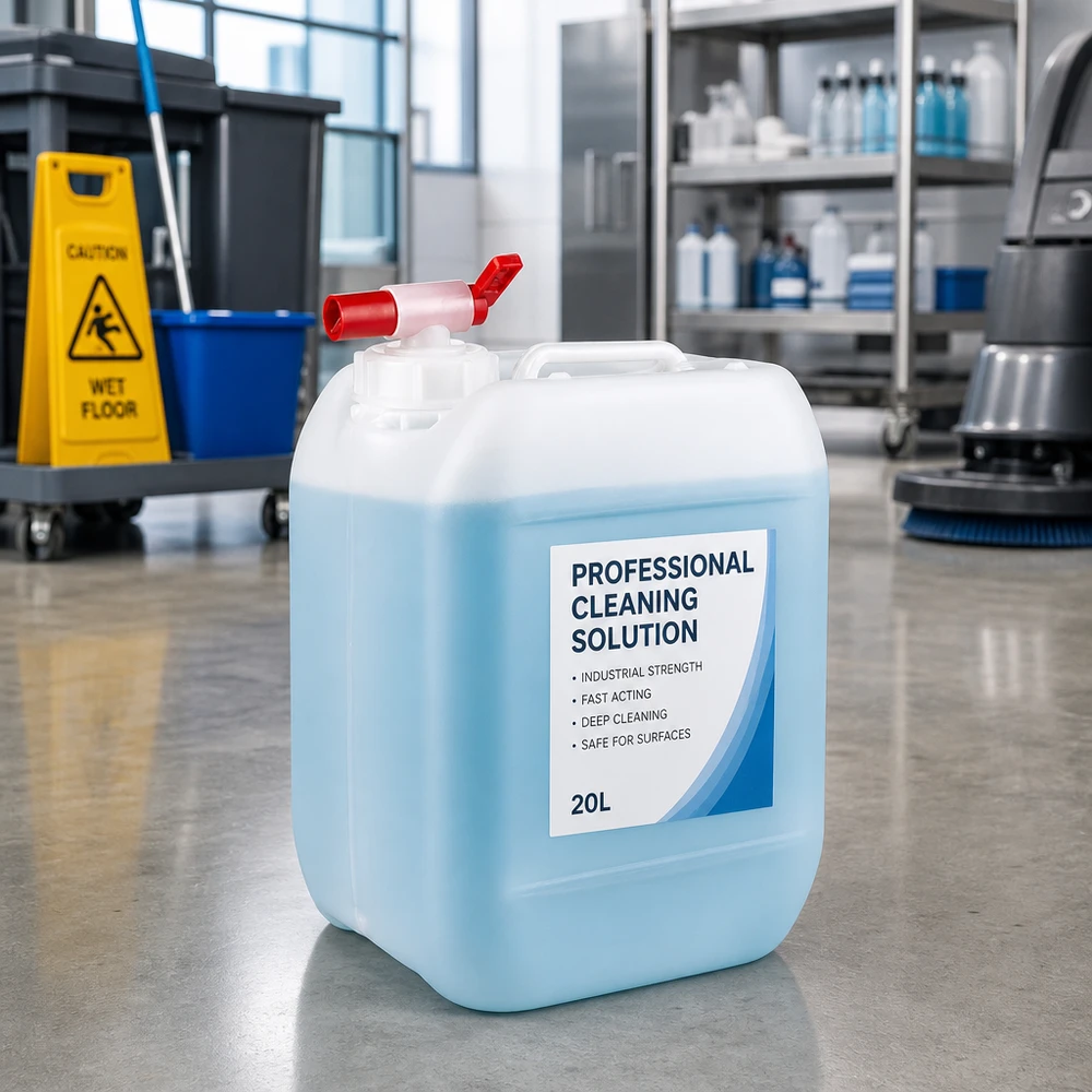 Rechthoekige vloeistofbak van 5 liter met professionele tapkraan, naast een dweil en een bordje voor natte vloeren