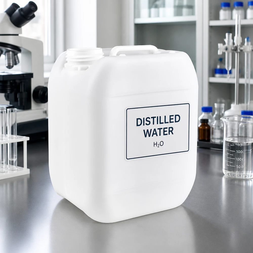 5l jerrycan, UN-toelating, zonder schroefsluiting Doorzichtige witte container van 5 liter zonder sluiting, met een etiket met de tekst ‘destilleerd water’