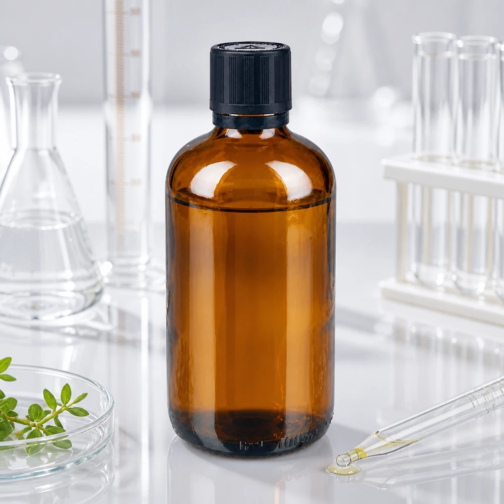 Lichtbeschermende fles van apothekersglas, 100 ml, met zwarte schroefdop en kinderveiligheid in een laboratoriumomgeving