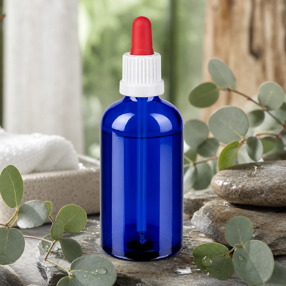100ml pipetfles wit/rood OV BlueLine UT18/100 Compacte druppelflacon 100ml in apothekerskwaliteit met nauwkeurig doseersysteem van glas