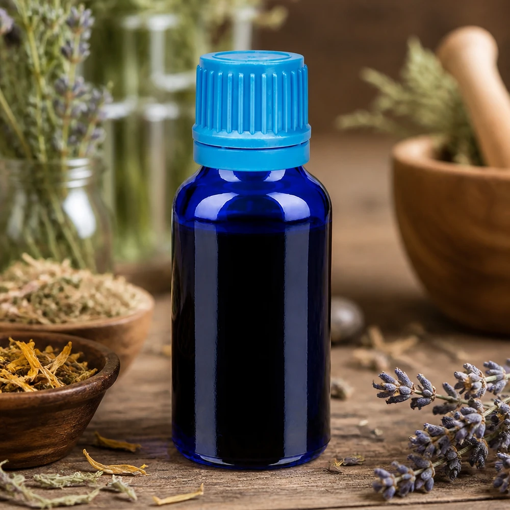 Professionele 20ml BlueLine fles met originele turquoise dop voor natuurlijke cosmetica en kruidenextracten