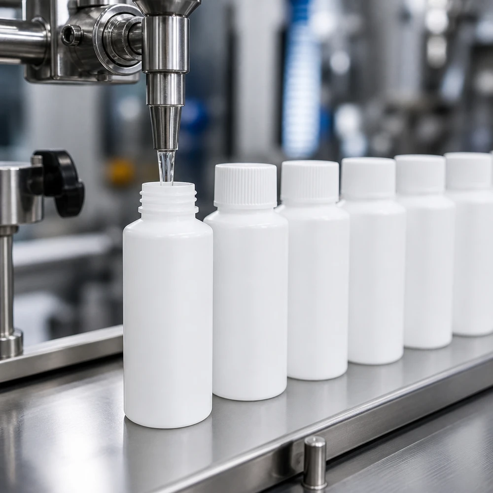Apotheekflesje van HDPE, wit, 30 ml, met originaliteitssluiting, geproduceerd op een geautomatiseerde afvullijn