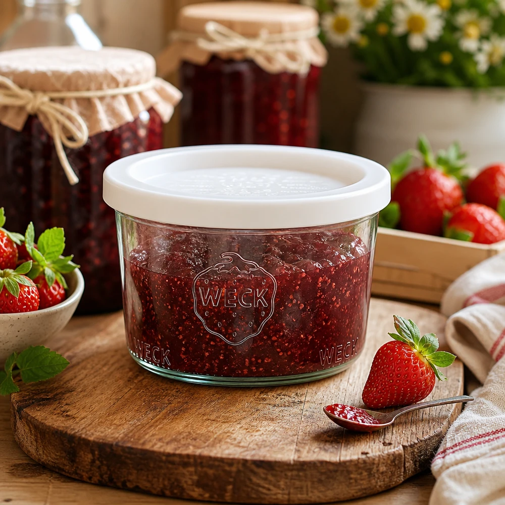 200ml stortglas met vershouddeksel WECK RR80 WECK RR80 inmaakpot 200ml gevuld met aardbeienjam op een rustiek houten plankje naast verse aardbeien