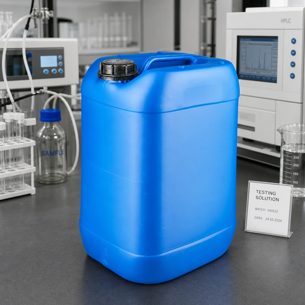 Lekvrije kunststofkan van 25 liter, blauw, met zwarte schroefdop voor testoplossingen