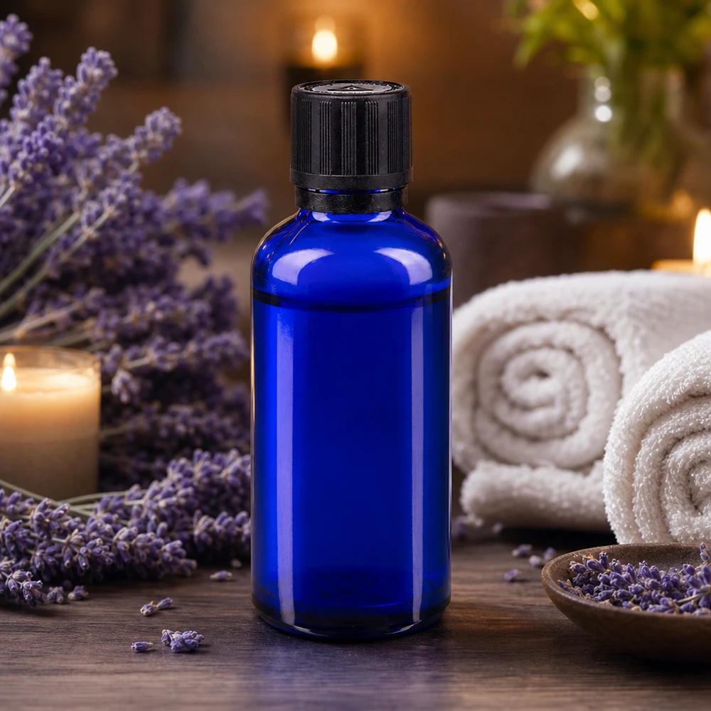 Aromatherapie-druppelflesje van blauw apothekersglas, 50 ml, met lavendel en kaarsen