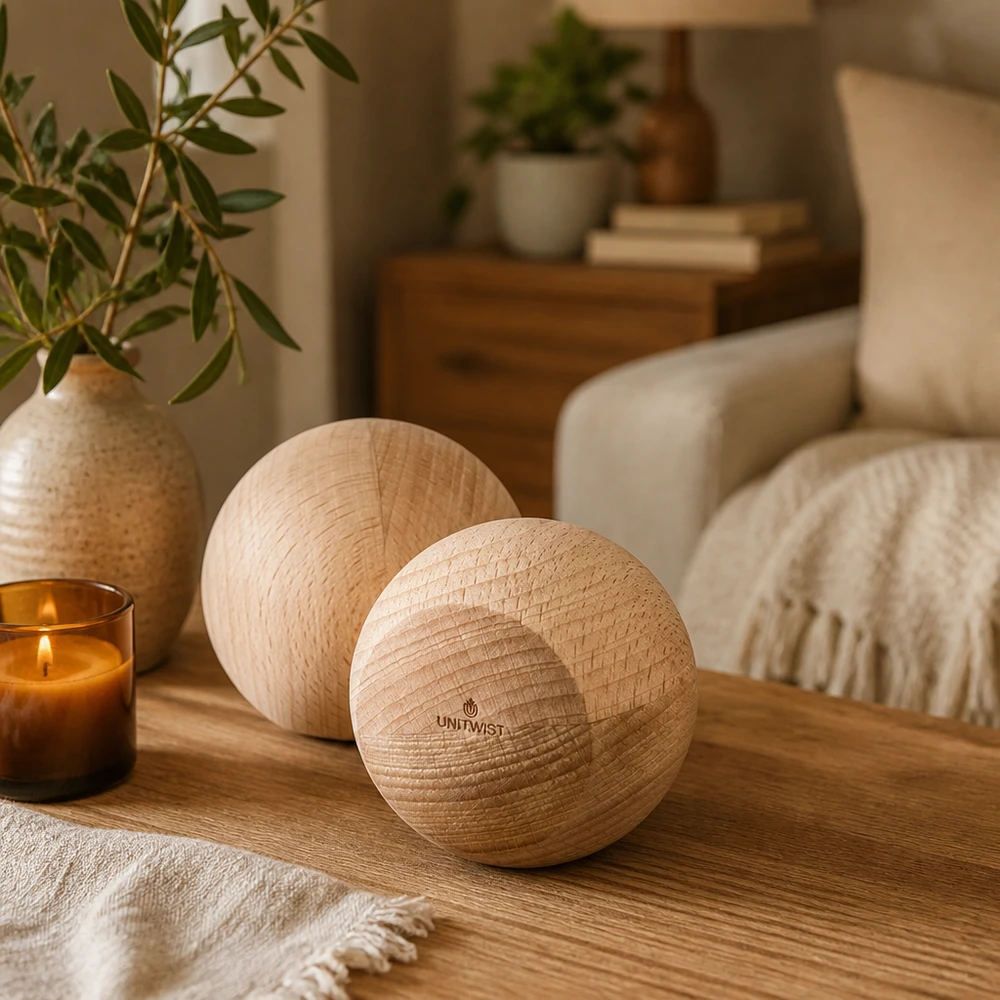UNiTWIST houten beuken kerstballen in een gezellige woonsfeer - stijlvolle decoratie op een houten tafel naast een kaars