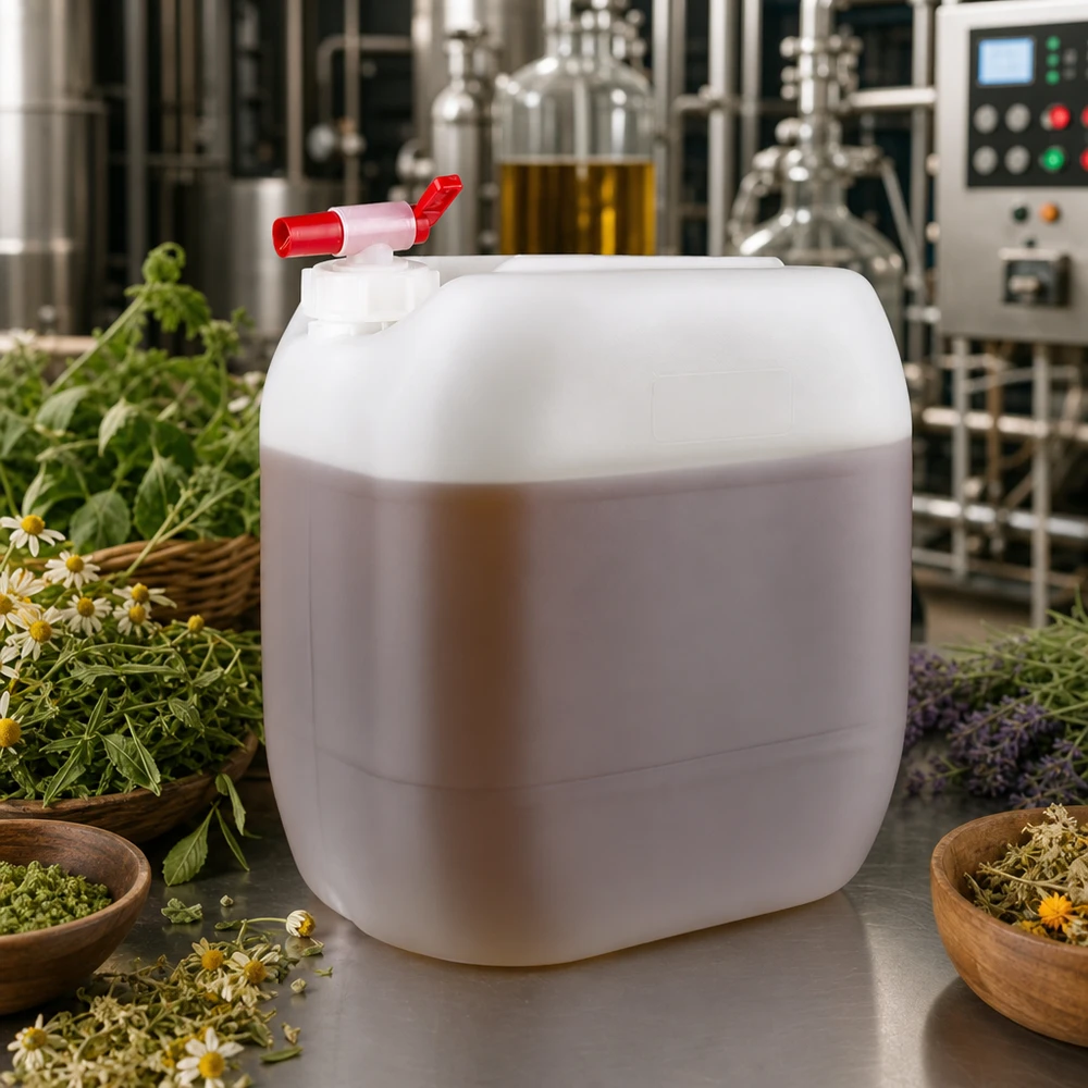 Robuuste vloeistofcontainer van 30 liter met aftapkraan, naast botanische ingrediënten en roestvrijstalen tanks