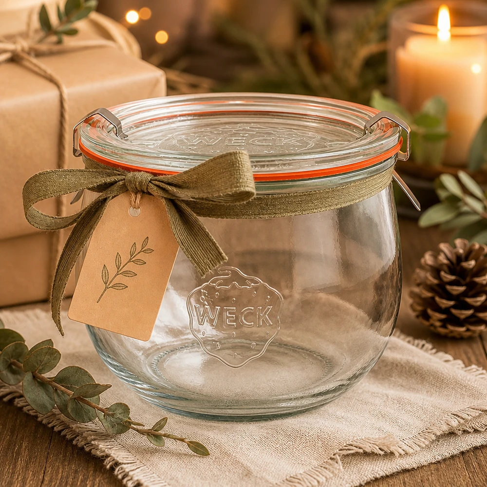 WECK tulpenpot 580ml RR100 leeg als cadeau-idee met lint en label in een gezellige kerstdecoratie