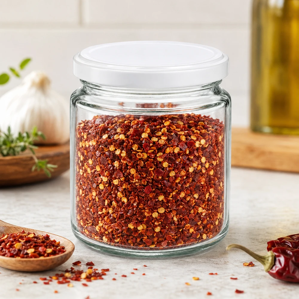 250 ml honingpot met wit BasicSeal deksel gevuld met rode chilikruidvlokken in een mediterrane keukenscène