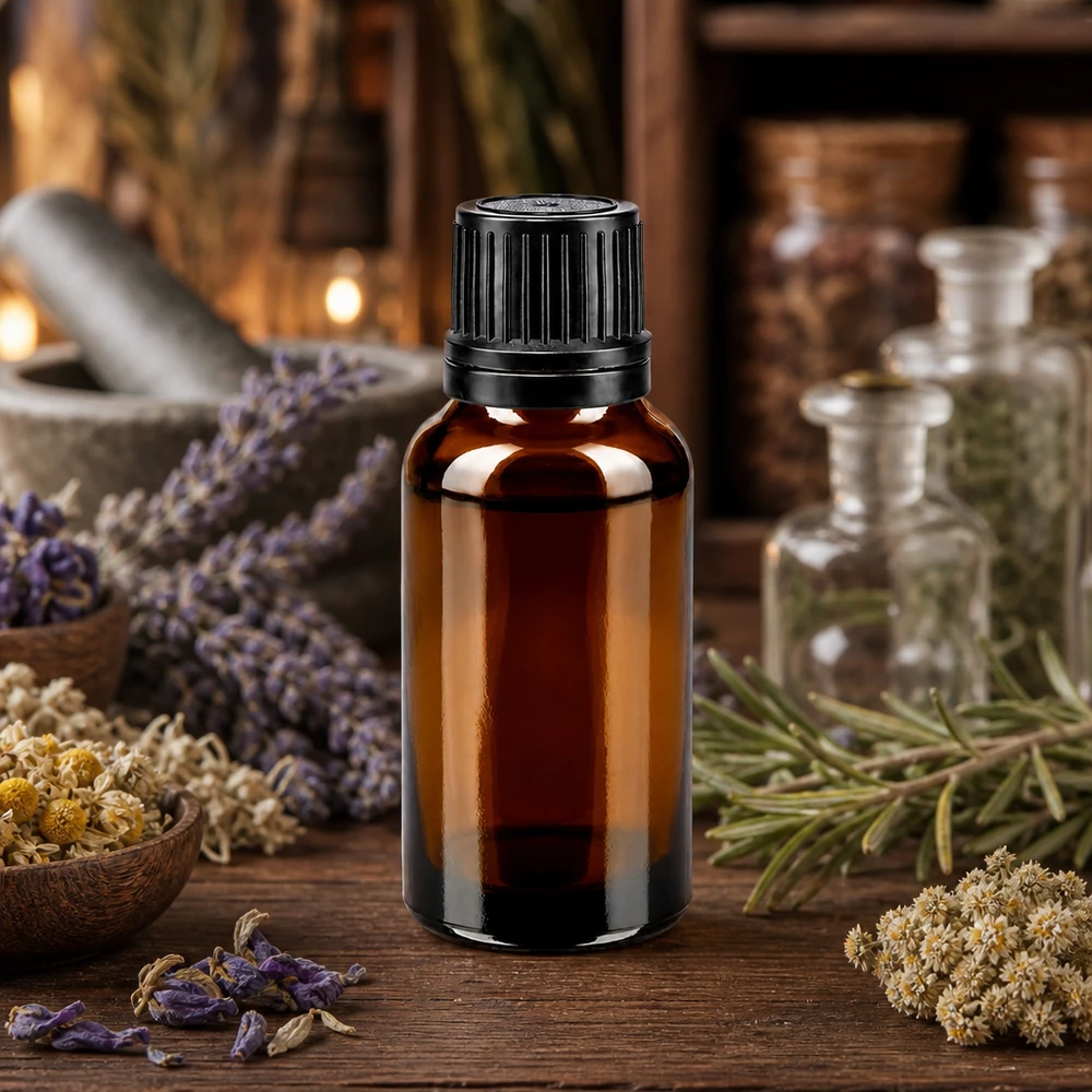 Bruine glazen fles 20ml met zwart schroefsluiting uitgietring VR Bruine glazen flesje van 20 ml met geribbelde originele zwarte dop voor geuroliën en essences