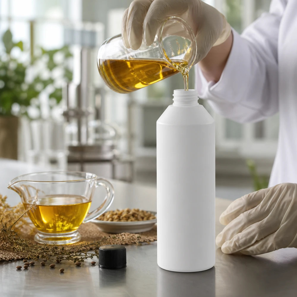 PET cilinderfles 250ml wit met schroefsluiting zwart Het afvullen van natuurlijke olie in witte HDPE-kunststofflessen van 250 ml, waarbij tijdens het productieproces handschoenen worden gedragen