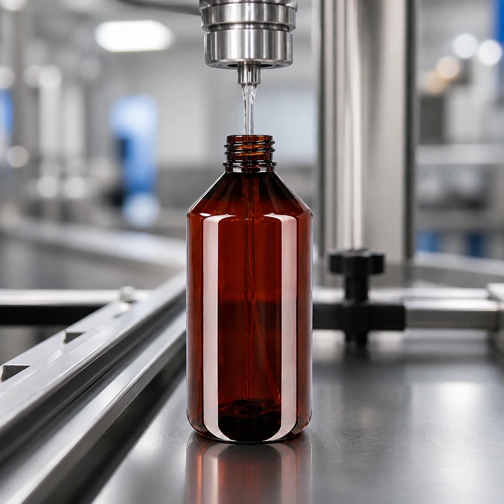 Farmaceutische afvulling in een amberkleurige PET-spuitfles van 750 ml met een witte verstuiver