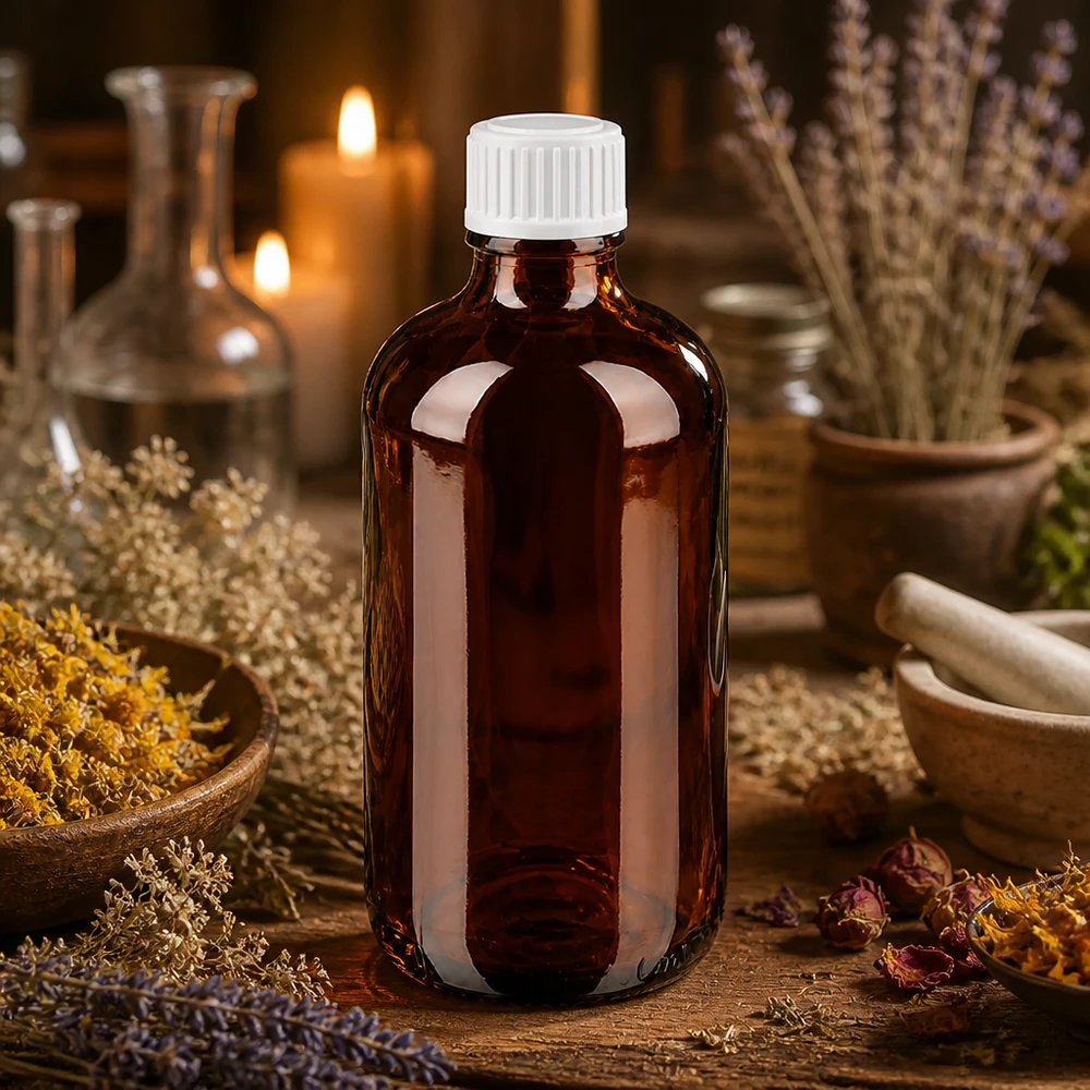 Bruine glazen fles 100ml met wit schroefsluiting St UV-beschermende apothekersfles van 100 ml, van bruin glas, omringd door gedroogde bloemen en morser