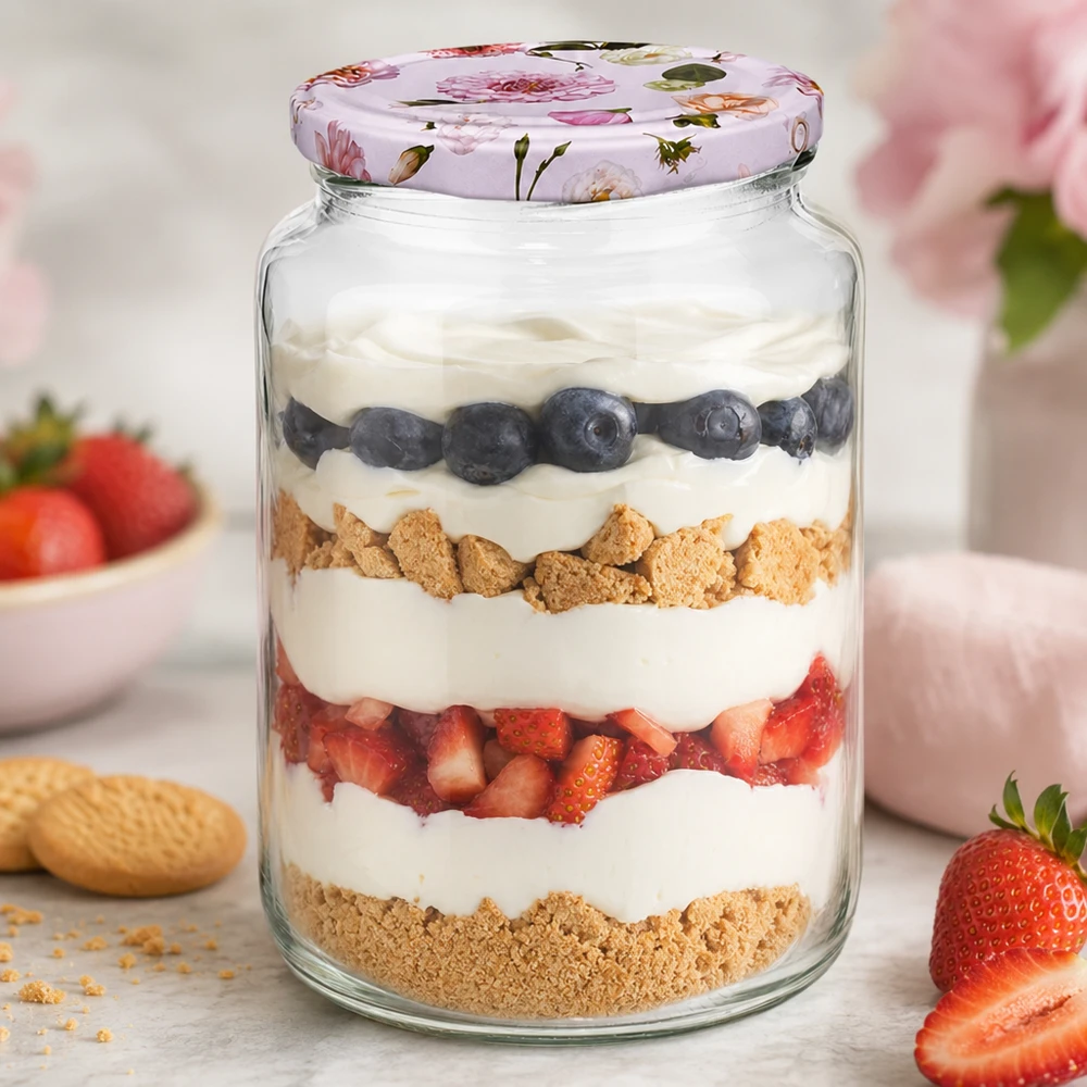 795ml ronde pot met gelaagd dessert yoghurt bessen koekjes BasicSeal deksel roze bloemen dessertpot keuken
