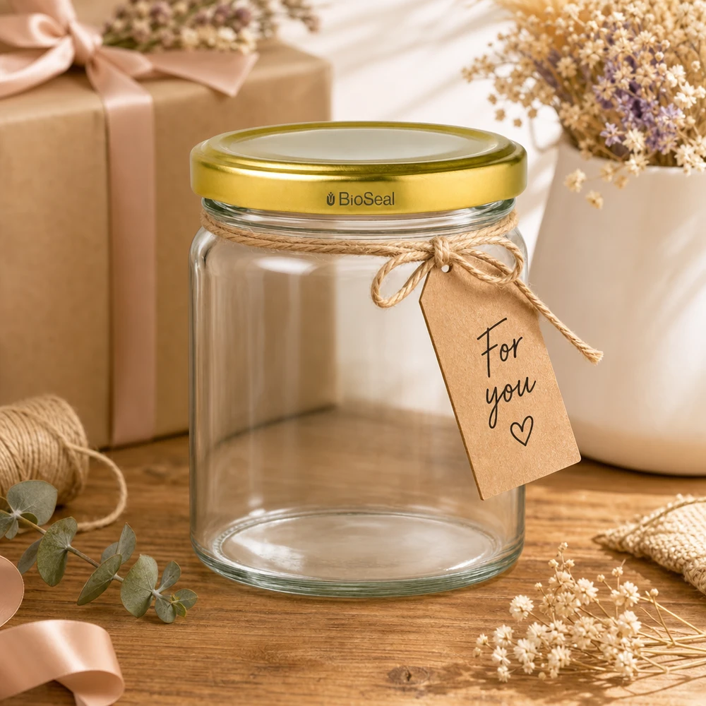 UNiTWIST Runda408 voorraadpot met gouden TO82 BioSeal deksel als geschenk met strik en geschenktag