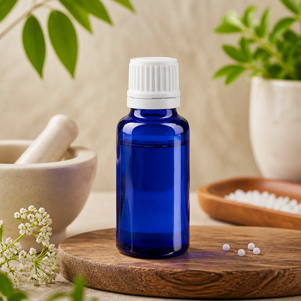 Een blauw glazen flesje van 20 ml met UV-bescherming en een witte dop, naast geneeskrachtige planten en een houten schaal