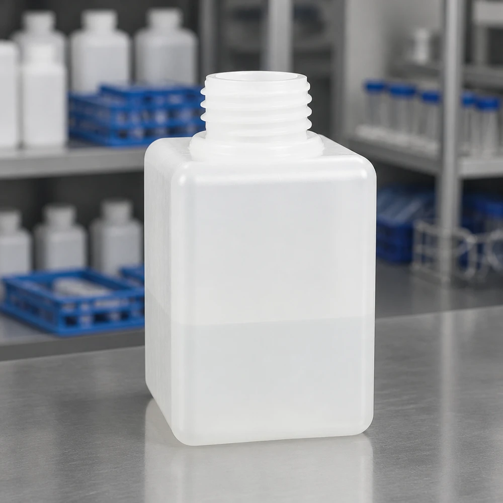 Kleine, hoekige PE-HD-laboratoriumfles van 100 ml, GL 25, smalle hals, voor vloeistoffen en vaste stoffen