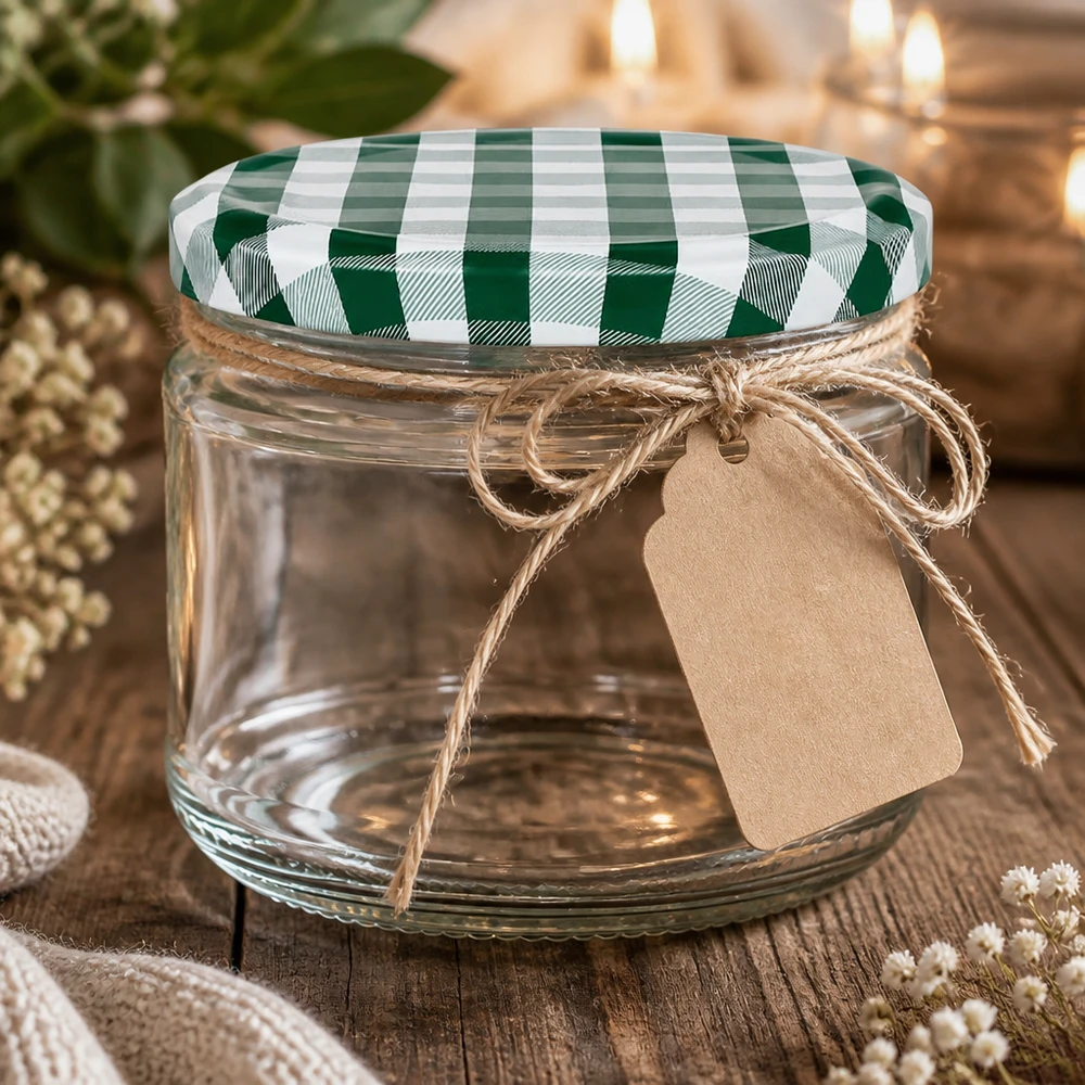 330 ml ronde pot met groen en wit geblokt BasicSeal deksel als geschenkverpakking met jute koord en label