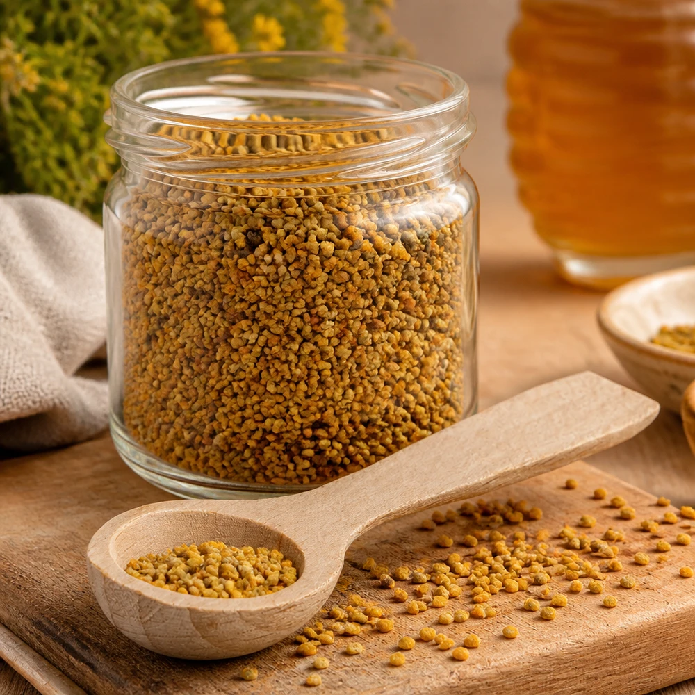 Houten schep S voor het afmeten van bloemstuifmeel uit glazen pot natuurlijk beukenhout keukenhulpje voor superfoods
