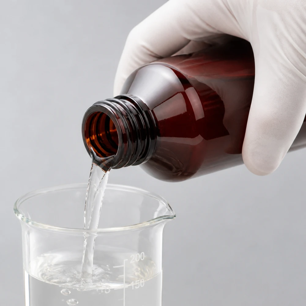 200 ml PET medicijnfles met wit dispenserpomp, standaard Klare Flüssigkeit wird aus 200ml bernsteinfarbener PET Flasche in Glasmessbehälter gegossen