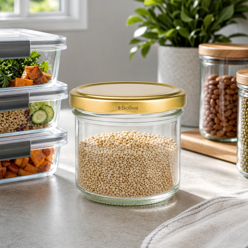 125ml bekers met BioSeal deksel goud UNiTWIST UNiTWIST 125ml voorraadpot gevuld met quinoa - gouden TO66 deksel in moderne keuken met meal prep boxen