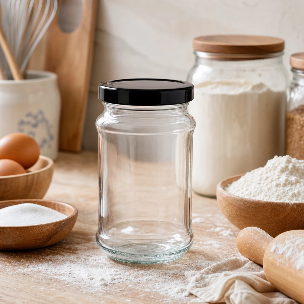 390 ml ronde pot met zwart BasicSeal deksel in keuken met bakingrediënten - veelzijdige voorraadpot voor bloem en co