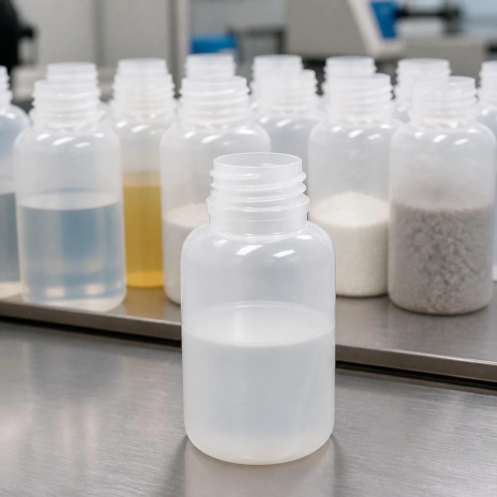 250 ml-fles met brede hals van voedselveilige kunststof, zonder dop, voor vloeistoffen en poeder