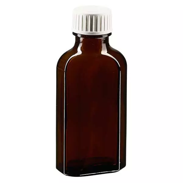 50 ml bruine meplatfles met DIN 22 monding, inclusief schroefsluiting DIN 22 wit van PP met PE-schuiminzetstuk