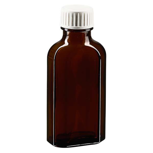 50 ml bruine meplatfles met DIN 22 monding, inclusief schroefsluiting DIN 22 wit van PP met PE-schuiminzetstuk 50 ml bruine meplatfles met DIN 22 monding, inclusief schroefsluiting DIN 22 wit van PP met PE-schuiminzetstuk