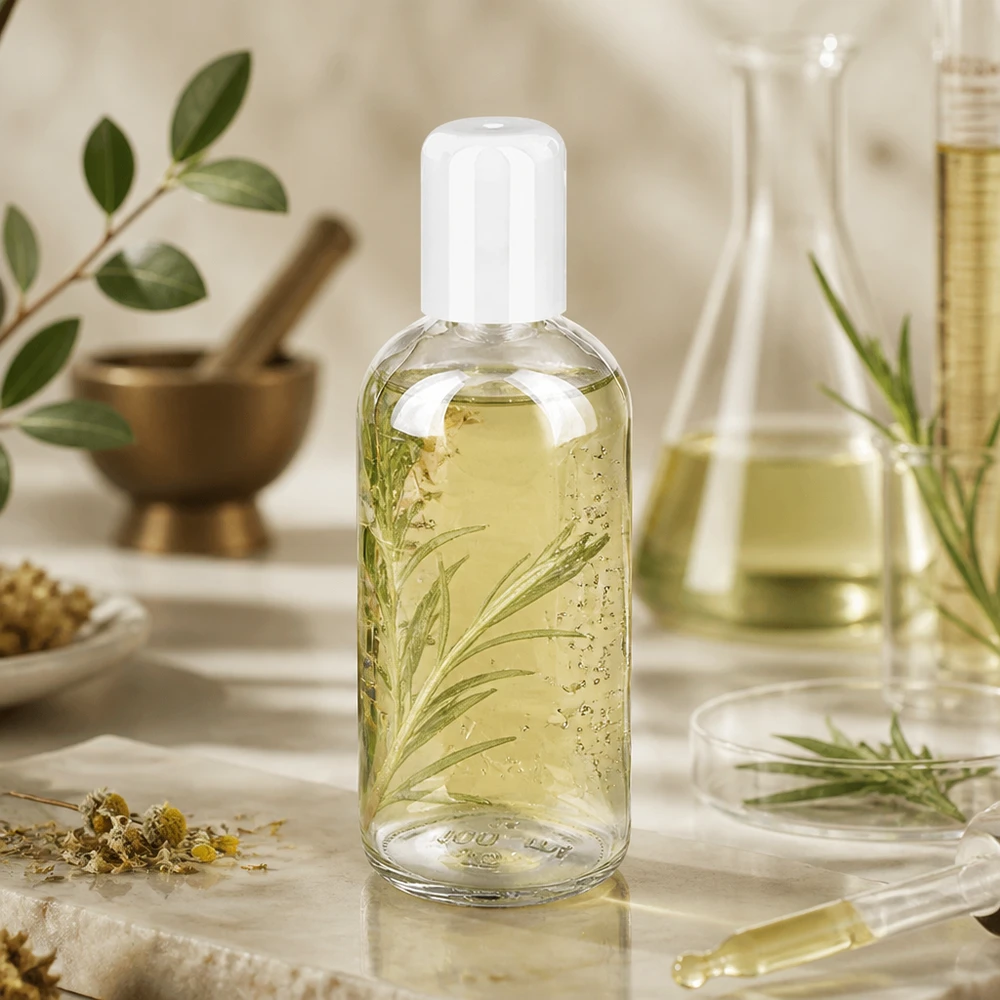 Roll-onflesje van 100 ml met takjes rozemarijn en kruidenextract in een doorzichtige PET-verpakking