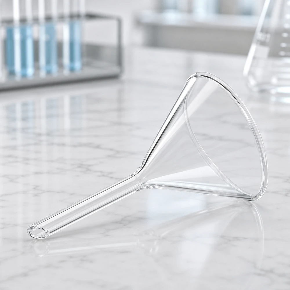 Nauwkeurig vervaardigde glazen trechter met een diameter van 55 mm van hoogwaardig natronkalkglas voor laboratoriumtoepassingen