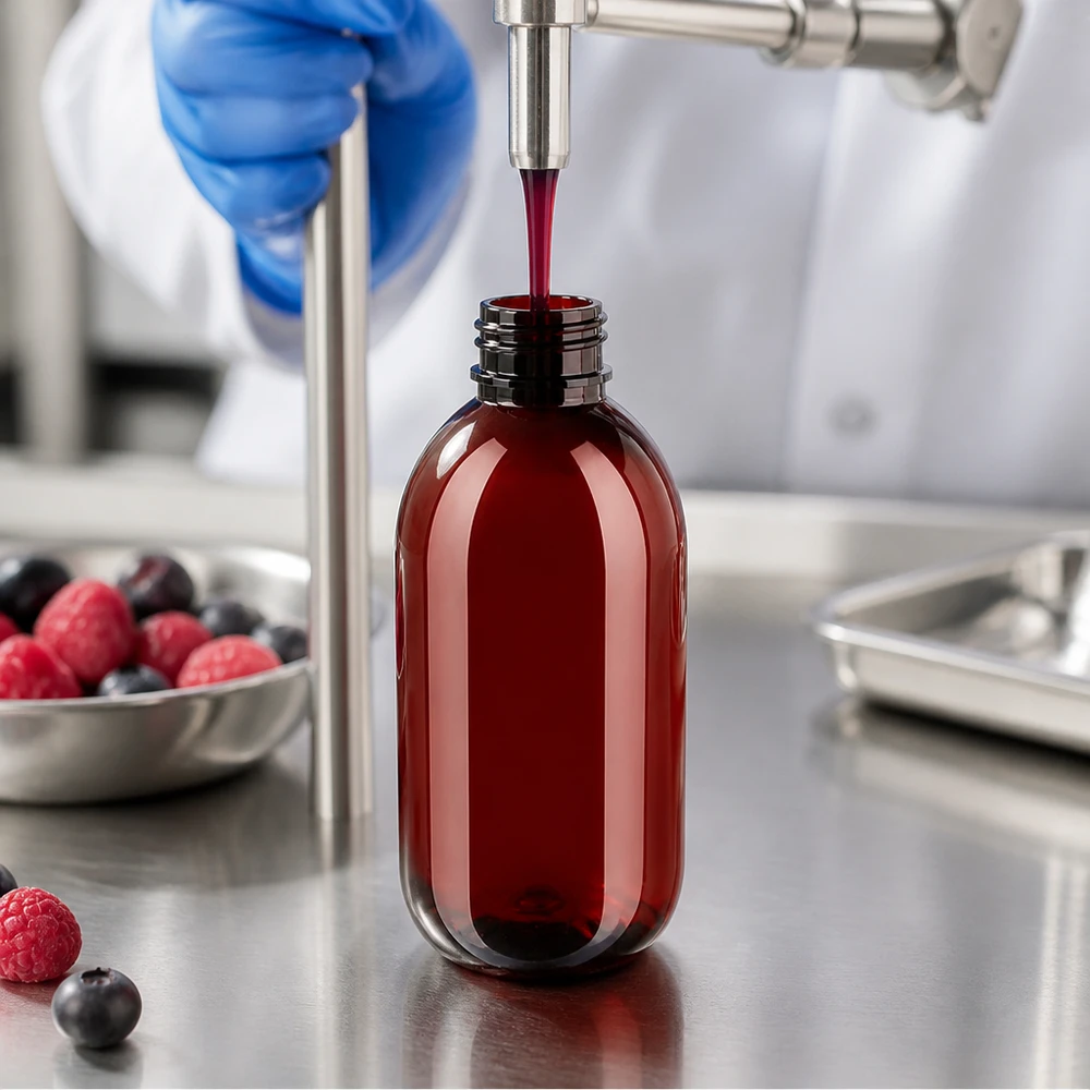 PET fles 250ml met witte verzegelstop, geribbeld Industriële afvulinstallatie vult bruine PET-flesjes van 250 ml met bessenextract