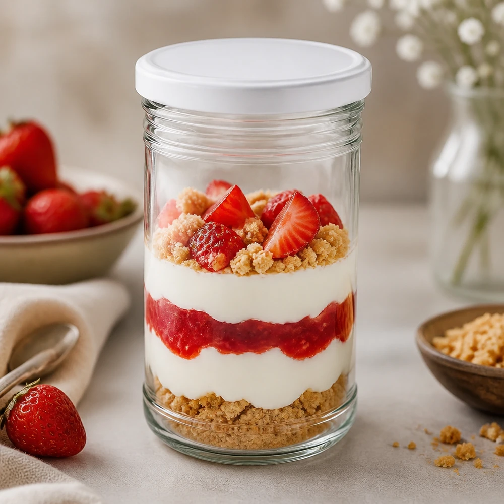 1053ml bekers als dessertpotje met aardbeien en room gelaagd dessert BasicSeal deksel wit dessert in een potje