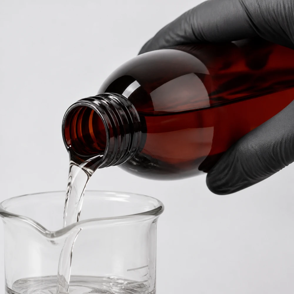 PET fles 250ml PP28 zonder dop Een hand met een handschoen giet een helder reagens uit een bruine PET-fles van 250 ml in een glazen beker