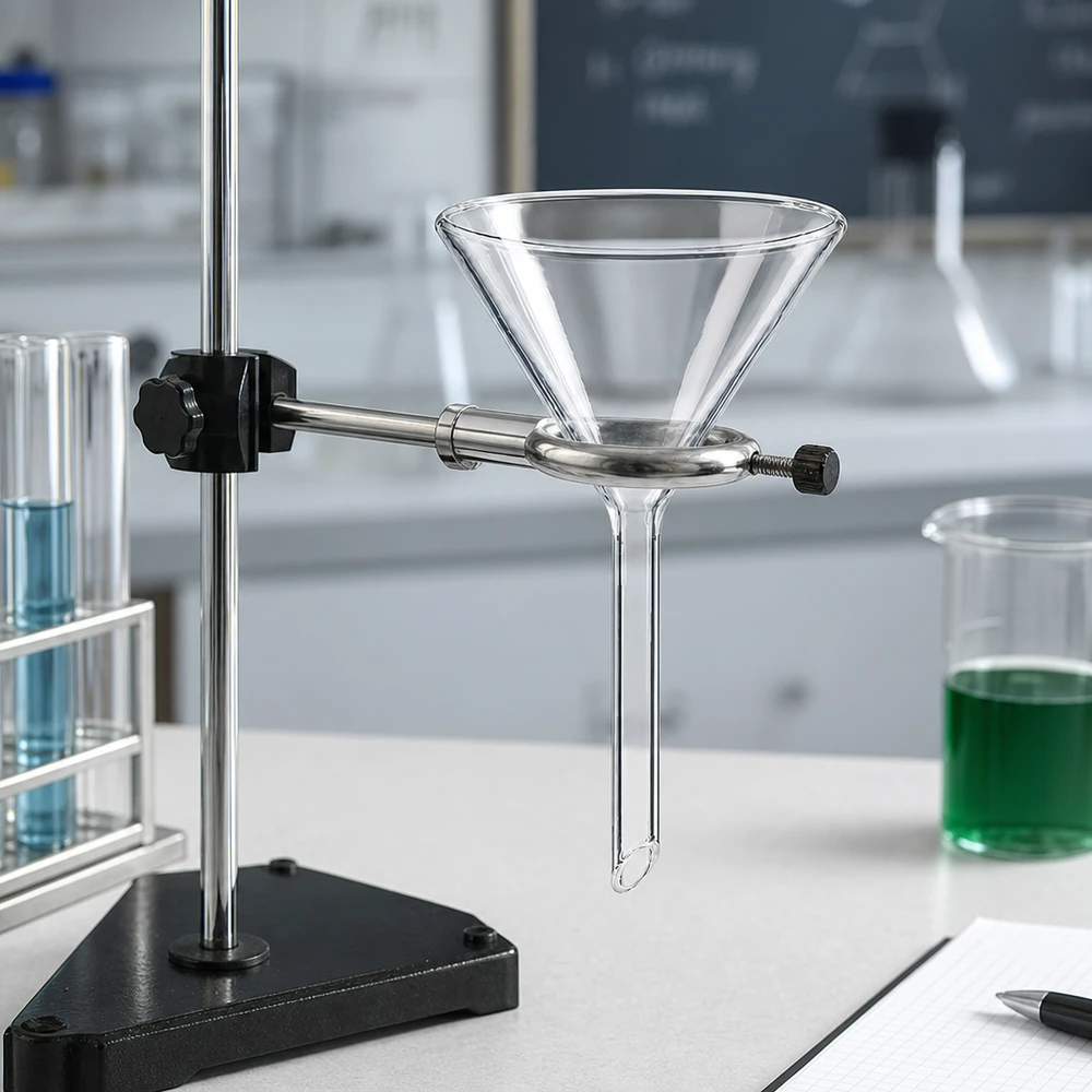 Laboratorium trechter gemaakt van robuust soda lime glas met compact kort handvat voor ruimtebesparend opbergen