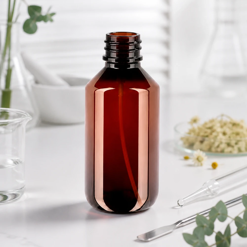 UV-schützende 200ml PET Flasche bernsteinfarben mit schwarzem Zerstäuber für Aromatherapie