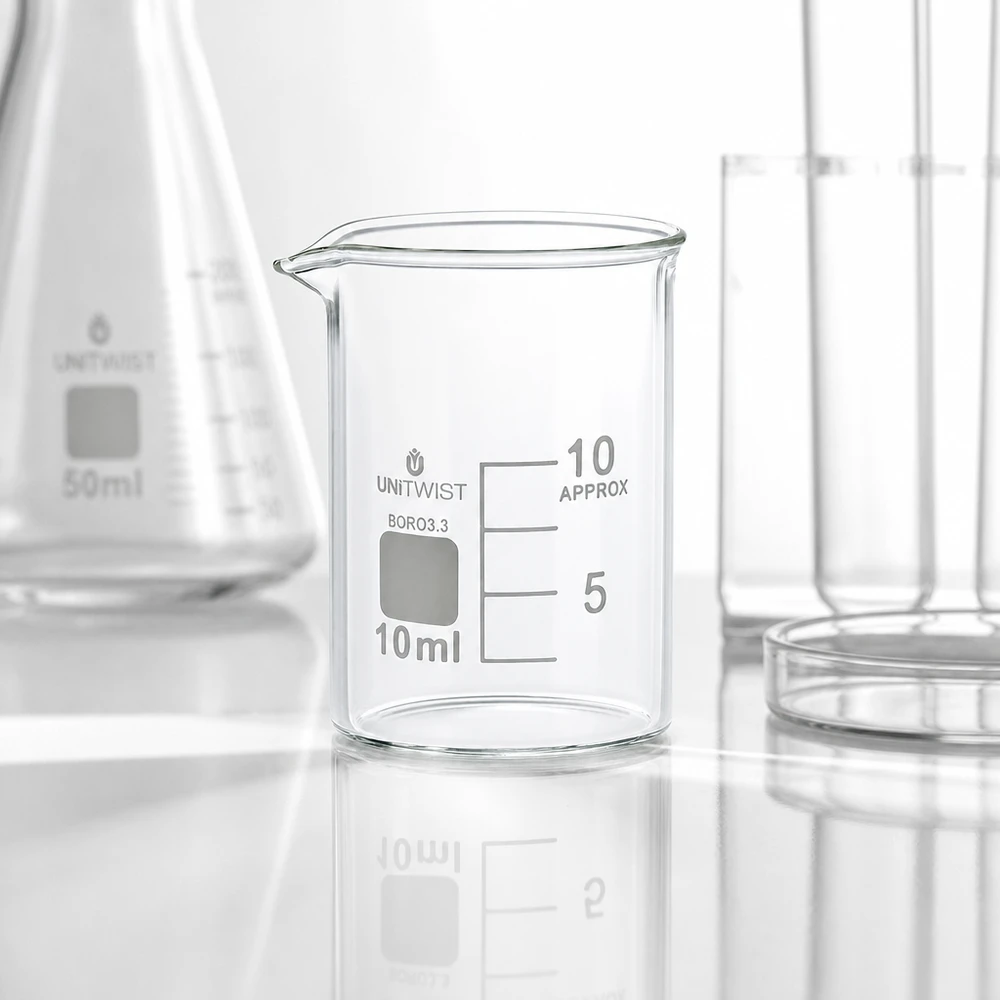 Professioneel laboratoriumglas: bekerglas van 10 ml, BORO 3.3, met tuit en schaalverdeling