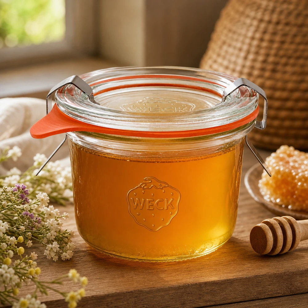 WECK tumblers 80ml RR60 gevuld met honing en honinglepel toont natuurlijke opslag van vloeibare producten
