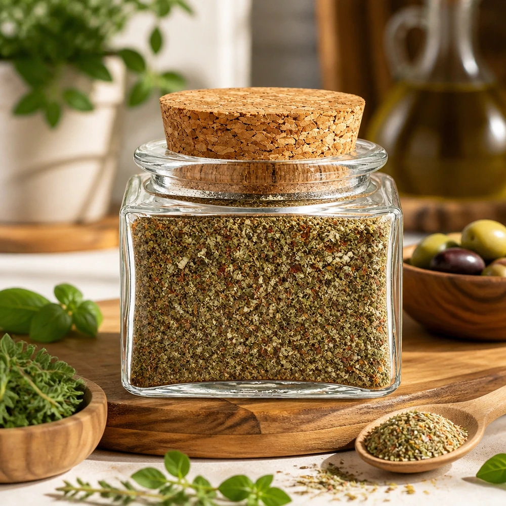 Doorzichtige glazen pot van 40 ml met kurken dop, gevuld met gedroogde oregano en kruiden