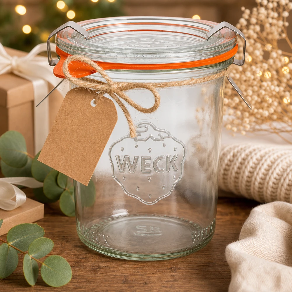 WECK RR60 bekers van 160 ml als cadeau-idee versierd voor kerst met een label van kraftpapier en jutelint
