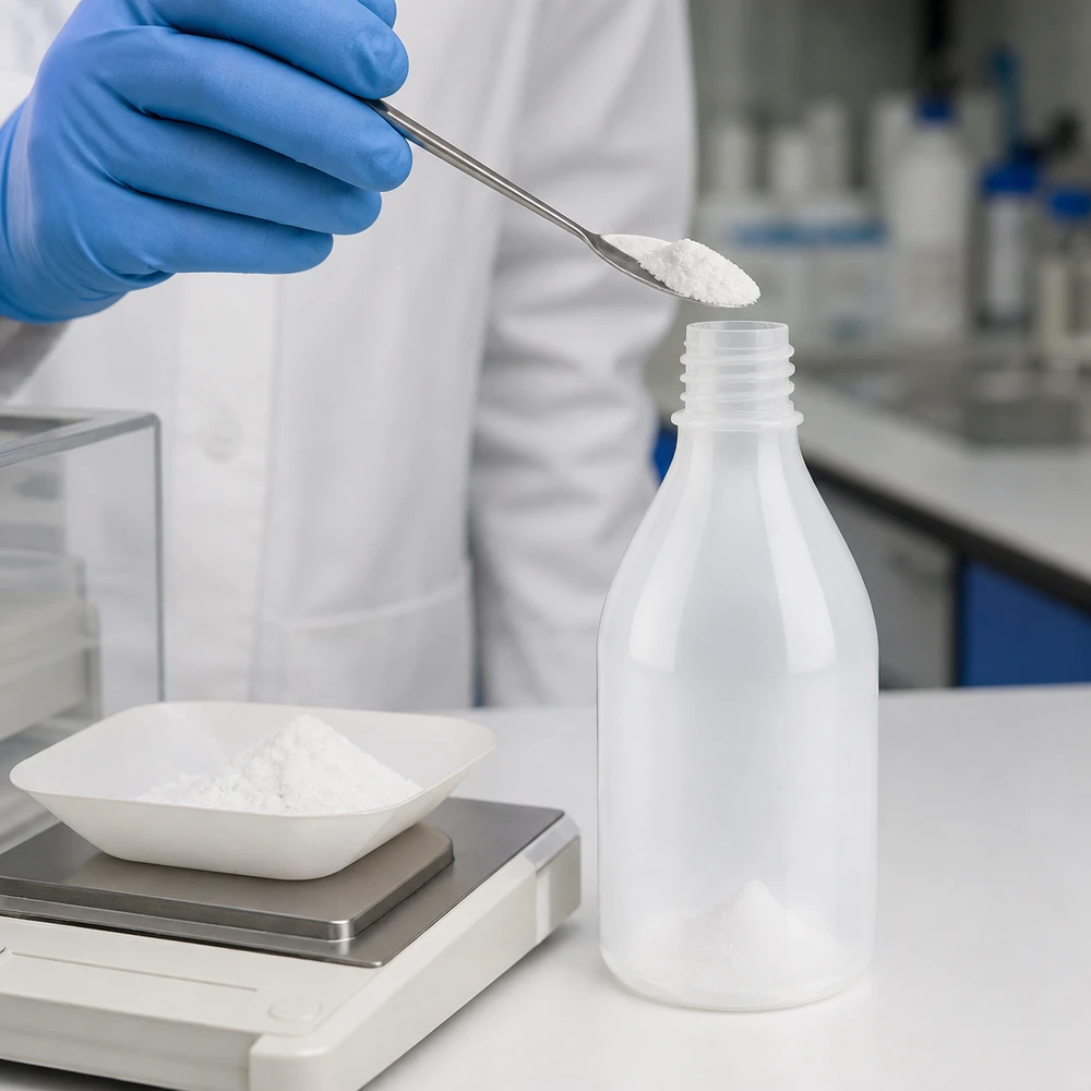 Blauwe beschermhandschoenen bij het vullen van een 100 ml-flesje met smalle hals met een laboratoriumstof