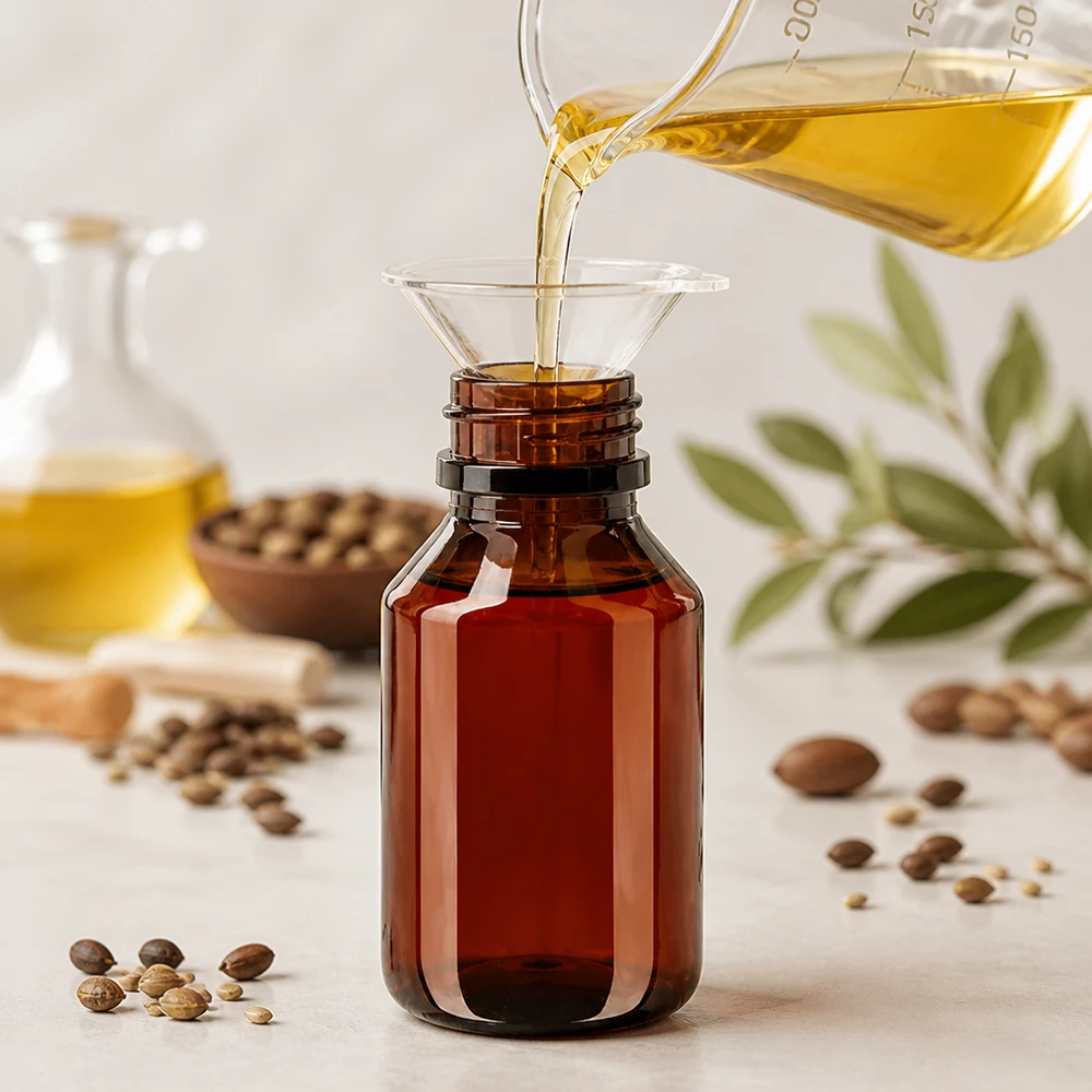 Abfüllprozess goldenes Pflanzenöl in braune 50ml PET Flasche mit Trichter