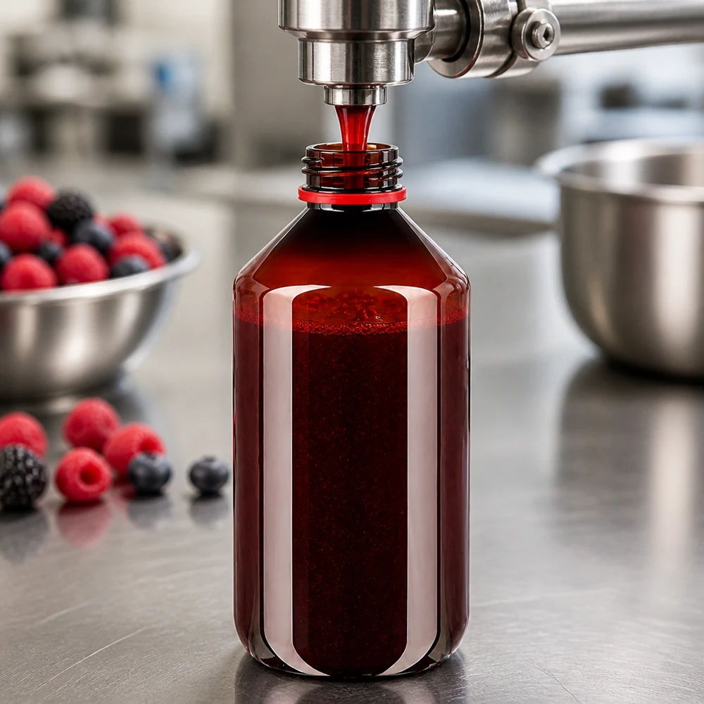 PET-fles 500ml met wit/rode dop OV Automatische afvulmachine vult een doorzichtige bruine PET-fles van 500 ml met een bessenmix