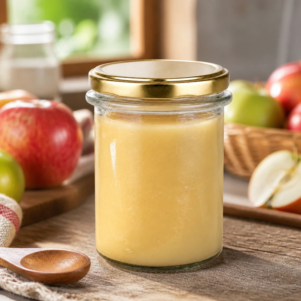 Glazen pot van 214 ml met brede opening en gouden schroefdeksel, ideaal voor het inmaken van vruchtenmoes