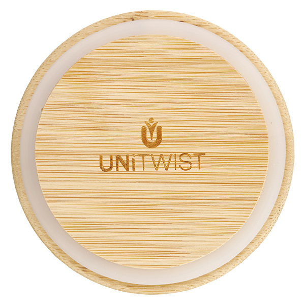 165ml stortglas WECK RR80 met hout deksel Bamboe deksel RR80 van boven met UNITWIST logo en zichtbare houtnerf voor WECK inmaakpotten 80mm diameter