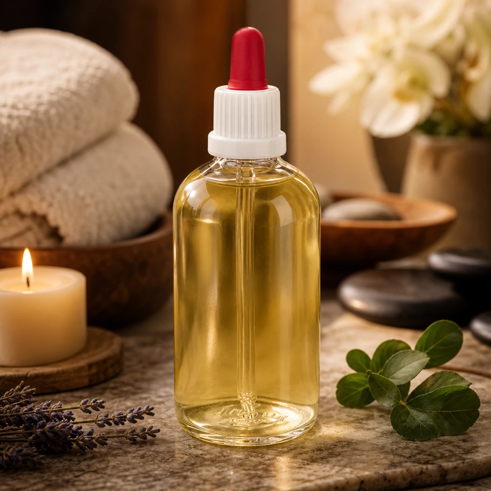 Pipetfles van helder glas, 100 ml, met witte doseerdop en rode bal, voor oliën en serums