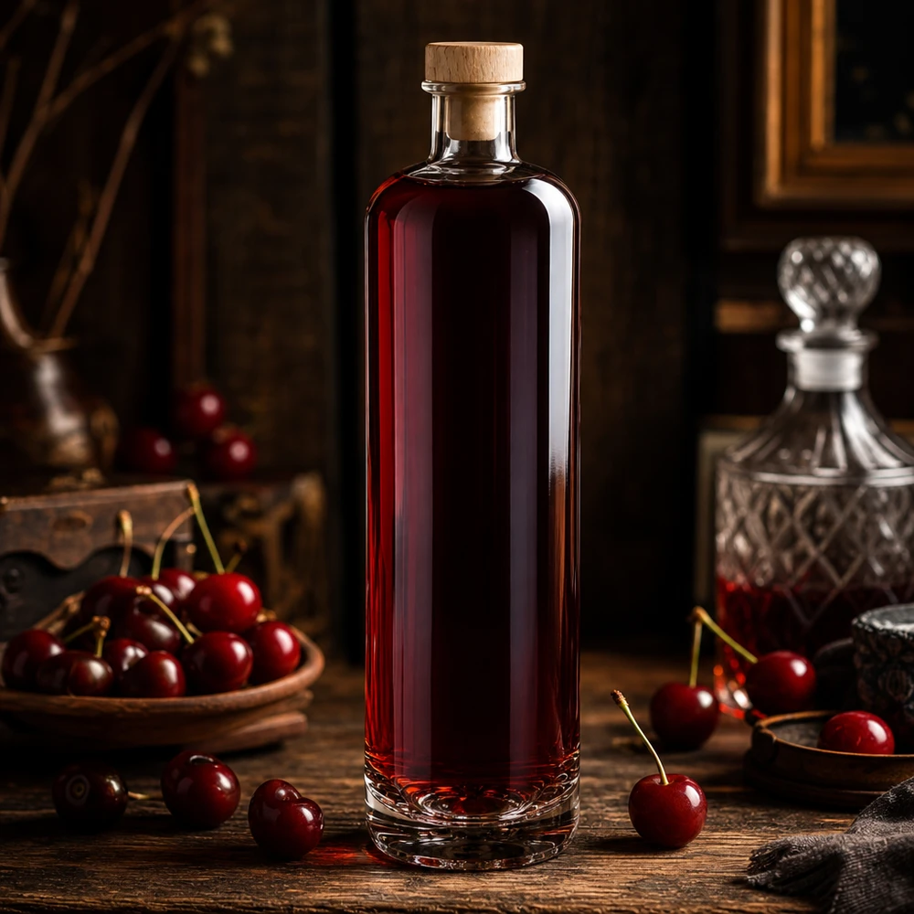700 ml glazen fles Ella met houten handgreepkurk UNiTWIST® 700 ml glazen fles Ella gevuld met kersenlikeur en houten kurk in een elegante distilleersfeer met verse kersen